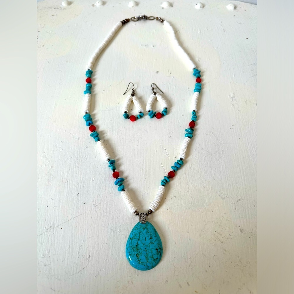 Turquoise Coral Sea Puka Shell Southwestern Boho Native Necklace Earrings Set